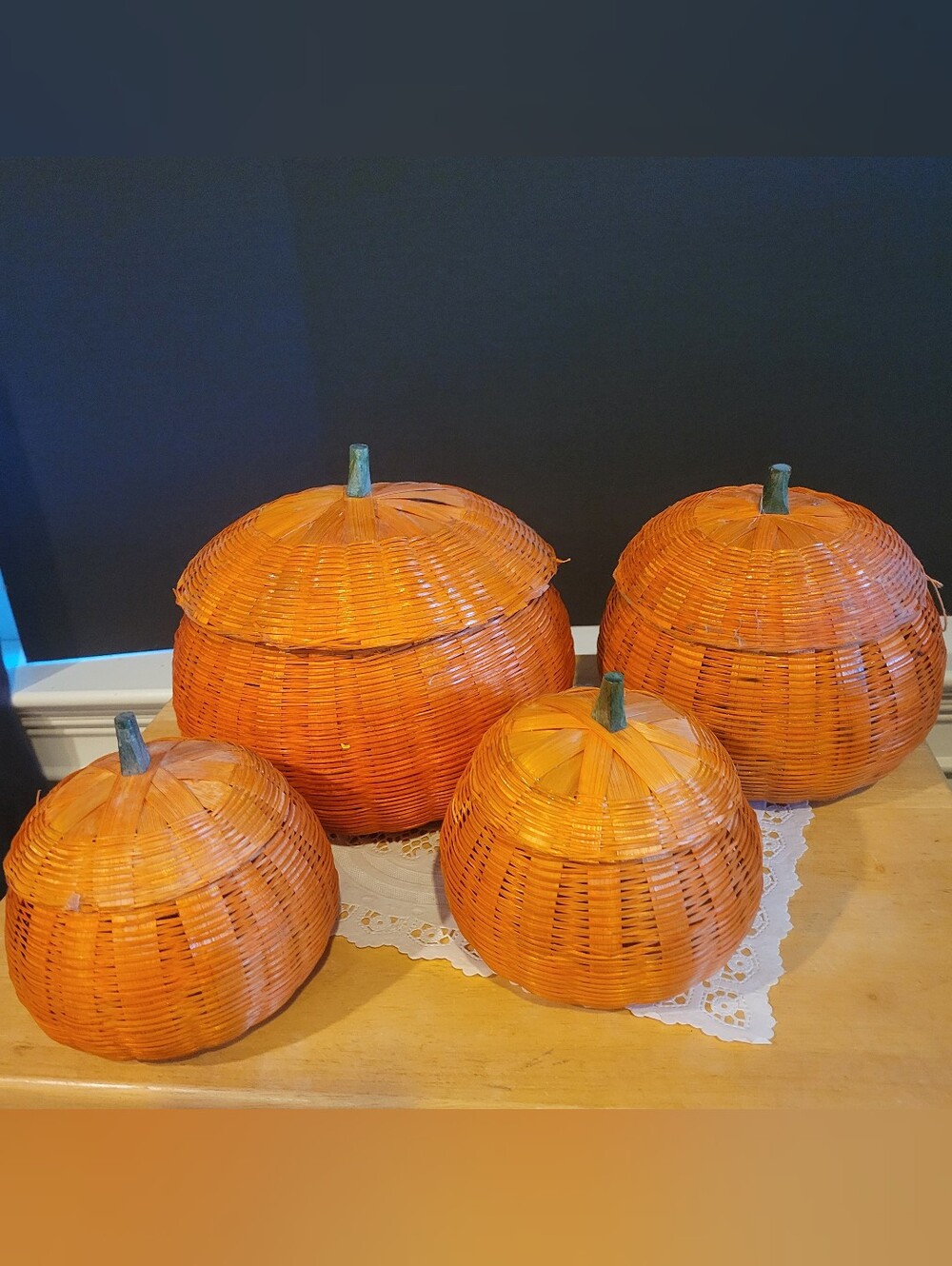 Lot of 4 Vintage Wicker Basket Orange Pumpkins  Removable Tops Halloween Thanksg